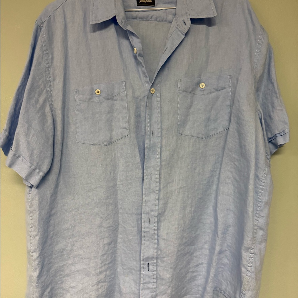 Neiman Marcus Light Blue Short Sleeve Button-Down Linen Shirt 2XL